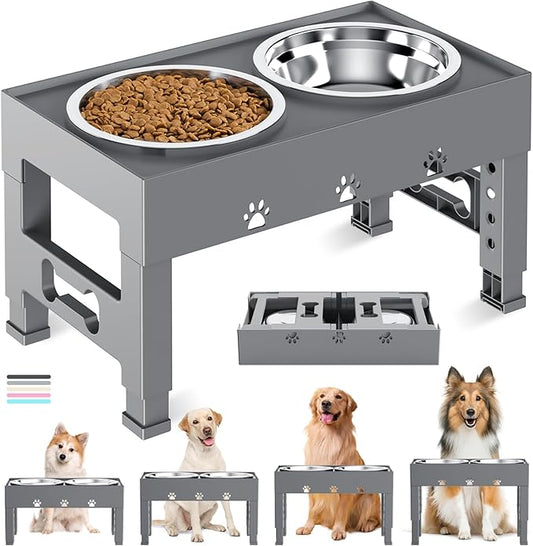 Elevated Dog Bowls with 2 Stainless Steel Bowls, Raised Dog Food Bowl Stand 5 Height Adjustable (3.1", 9", 10", 11", 12") Non-Slip Feeder Set for Medium and Large Dogs - Gray