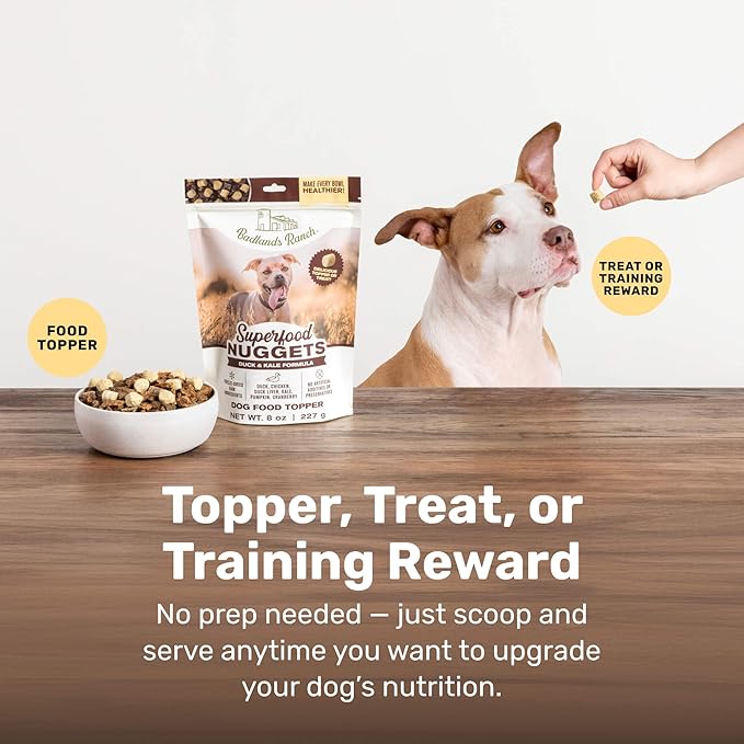 BADLANDS RANCH Superfood Nuggets – Freeze-Dried Raw Dog Treat & Food Topper, Nutrient-Dense Duck & Kale Formula, High Protein, No Artificial Additives, 8oz Bag