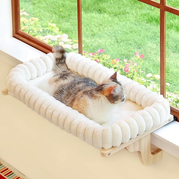 Zakkart SnugCloud Cat Window Perch with 4-Sided Bolster - Orthopedic Cat Hammock for Window Sill - Solid Hardwood & Metal Frame - Window Seat for Pets (Natural Color Wood w/White Bed, Large)