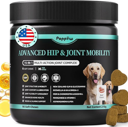 Advanced Dog Joint Supplement – 15-in-1 Glucosamine for Dogs with Chondroitin, MSM & Green Lipped Mussel – Hip & Joint Pain Relief Mobility Chews, Beef Flavor, 90Ct Breeds