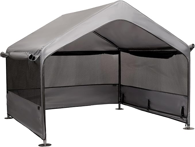 Summertrail Extra Large Dog House Outside, Dog Tent Outdoor, Big Dog Shade Shelter Doghouse Canopy with Three-Sided Breathable Mesh Windows, Gray Sun Rain Cover for Pet Cat Livestock 4'x 4'x 3.3'