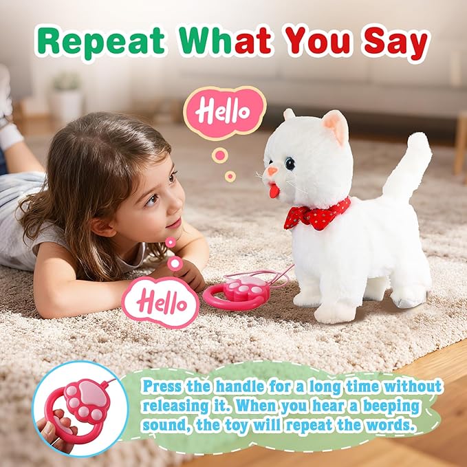 White Leash Walking Cat Set Toy Interactive Talking Cat Singing Dancing Kitten Mimicking Repeat What You Say Kitty Touch and Voice Control Nodding Wagging Tail Plush Electric Robot for Kid Girl