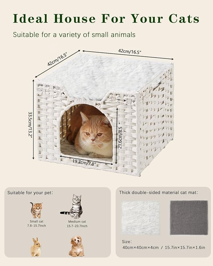 Cat Beds Indoor Kitten House, Handwoven Rattan Cat Cave Pet Cube, Large Cat Houses, One Bed Mat, Foldable, Hideaway, 16.5x16.5x13.2 Inches, 2 S-Shaped Hooks in Living Room Bedroom Gray