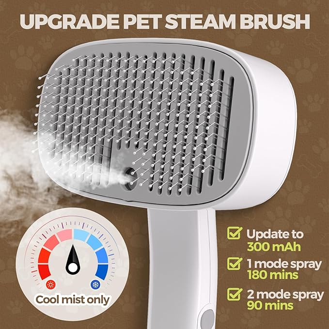 Pet Steam Brush for Cats & Dogs - 3 in 1 Cat Brushes for Shedding - Self Cleaning Dog Grooming Brush with 60mL Water Tank and 2-speed Adjustable Spray for Long/Short Hair Pets