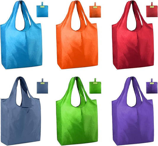 BeeGreen Colorful Reusable Grocery Bags 6 Pack, Heavy Duty Totes for Women, Foldable Grocery Bag Large Shopping Totes with Handles for Work, Travel, Gift, Store, Polyester Washable Reusable Tote Bag