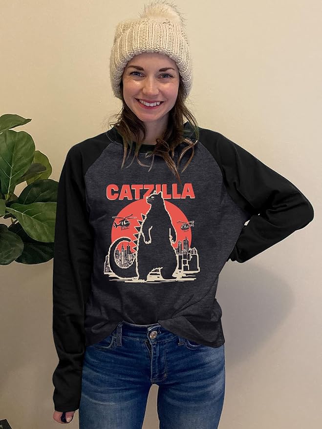 JINTING Cat Shirts for Women - Loose Fit Lightweight Long Sleeve Graphic Tee Fall Printed Crewneck Blouse Casual Tops