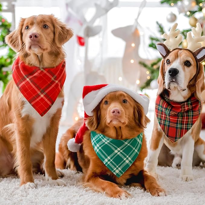 Abbylike 50 Pieces Christmas Plaid Dog Bandanas Bulk Xmas Bandanas for Dogs Triangle Kerchief Bibs Scarf Set for Christmas Pet Costume Accessories Decoration (25.6 x 17.7 x 17.7)