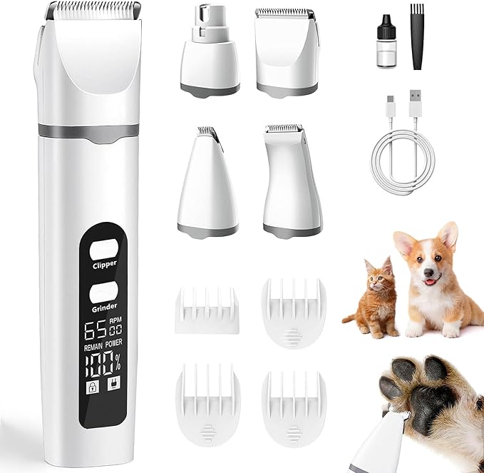 4 in 1 Dog Clippers Grooming Kit with LED Screen, Cordless Quiet Paw Trimmer & Nail Grinder, Rechargeable Waterproof Feet Ear Body Hair Shaver for Cats Dogs Pet Supplies, Pure White