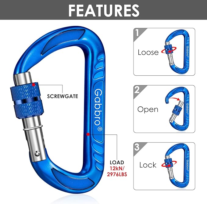 Gabbro Carabiner Clips Heavy Duty, | Wiregate Snap, Screw Locking, Aluminum, Lightweight Caribeener | for Hammock, Hiking, Camping, Water Bottle, Dog Leash Harness, Keychains