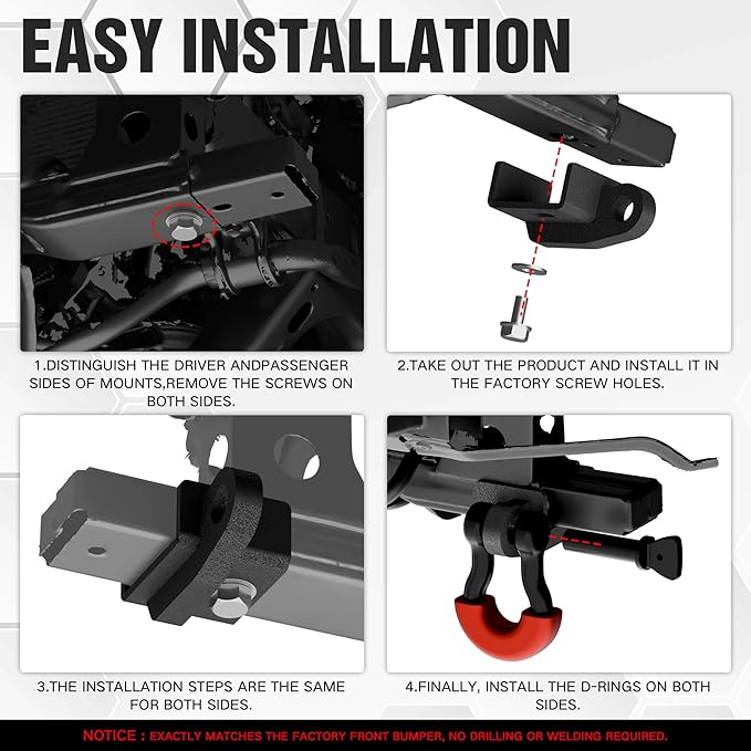 YZOAN Demon Front Tow Hook Bracket, Compatible with 2009–2023 Toyota Tacoma, 2-Pack 3/4" D-Ring Shackles with 7/8" Screw Pin, Isolators & Washers – Red Off-Road Hitch Mount