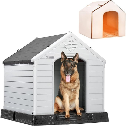 LEMBERI Durable Waterproof Plastic Dog House for Small to Large Sized Dogs, Indoor Outdoor Doghouse Insulated Puppy Shelter with Elevated Floor, Easy to Assemble (Gray with Liner, 42''L*38''W*39''H)