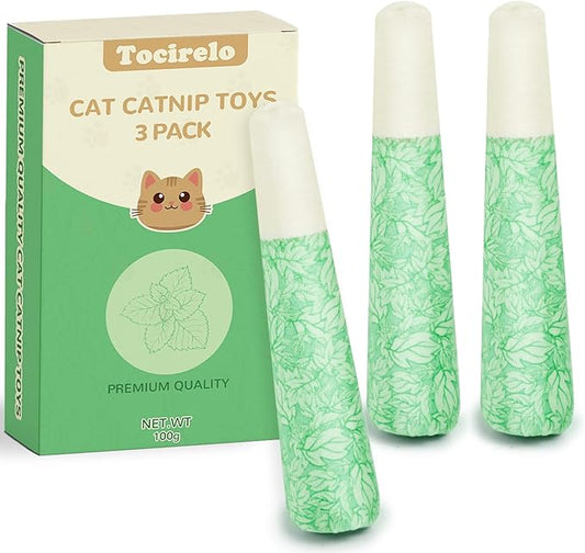 Tocirelo Catnip Toys for Indoor Cats - Cat Chew Toy Filled with 100% Pure 45000mg A+Organic Catnip, Bite Resistant Kitten Teething Toys, 3 Pack Interactive Cat Nip Kicker Toys for Anxiety Relief