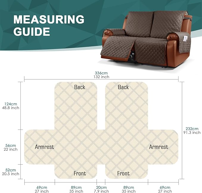 Ruaozz Waterproof Recliner Sofa Cover 1-Piece Couch Covers for Reclining Couches Reclining Sofa Cover Washable Furniture Protector with Elastic Straps Pocket for Kids, Pets (Brown, XL 2 Seater)