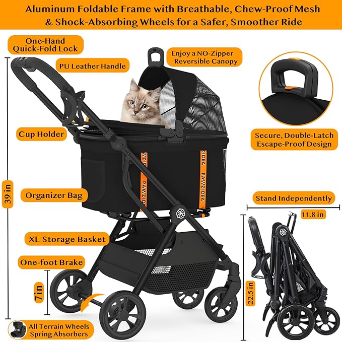 PAWZIDEA Pet Stroller 4 in 1, Cat Strollers with Detachable Carrier No-Zip Canopy, Portable Dog Crate for Car Seat Travel, Foldable & Lightweight Jogger for Small/Medium Dogs and Cats, Storage Basket