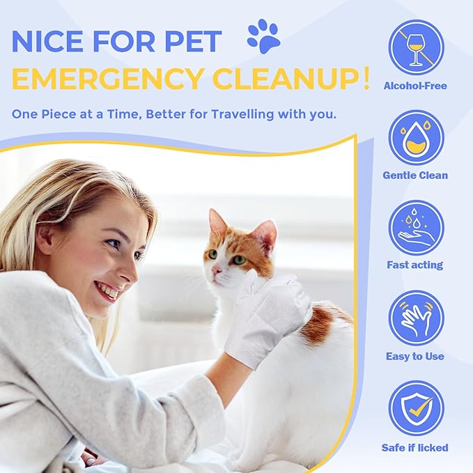 Pet Cleaning Glove Wipes for Dogs & Cats, Hypoallergenic Deodorizing Disposable Bathing Wipes,No-Rinse Grooming Wipes, Extra Thick,Perfect for Pet Dry Cleaning,Daily Care and Travel,24 pcs