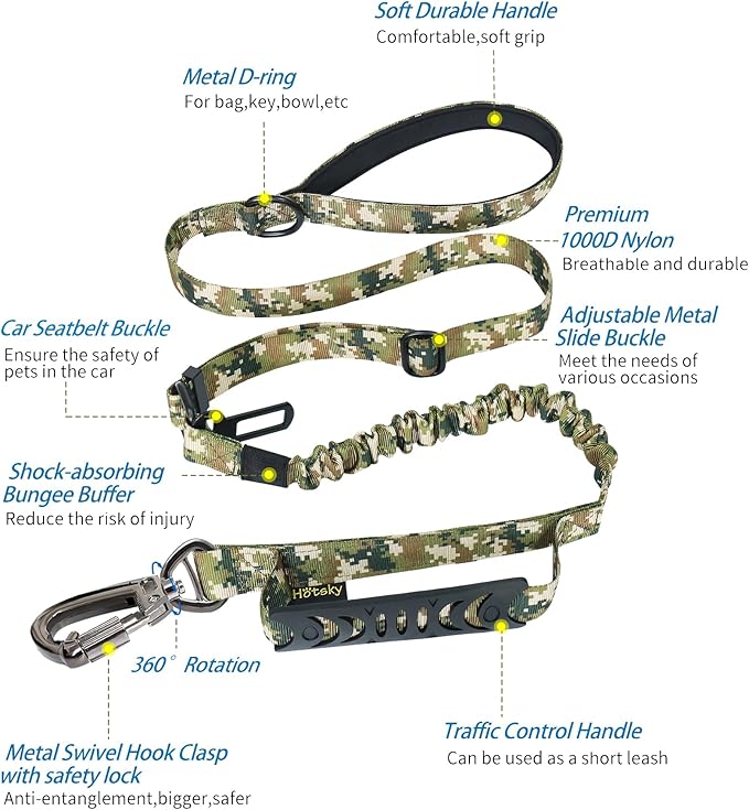 Hotsky Tactical Dog Leash Heavy Duty for Medium Large Dogs That Pull,4-6Ft Strong Bungee Shock Absorbing No Pull Dog Leash with Padded Double Handle and Car Seatbelt,Army Camo