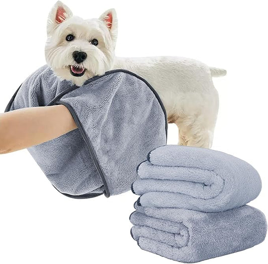 Dog Towels for Drying Dogs Small Medium Large, 2 Pack Dog Cat Drying Bath Towel 30.3"x13.8" with Hand Pocket,Absorbent Pet Towel for Dog Cat Grey