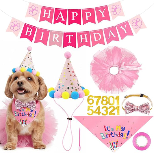 FunMular Dog Birthday Party Supplies Pink Dog Birthday Hat with Numbers Bandana Bow Tie Banner and Tutu Skirt for Small Medium Dogs Pets