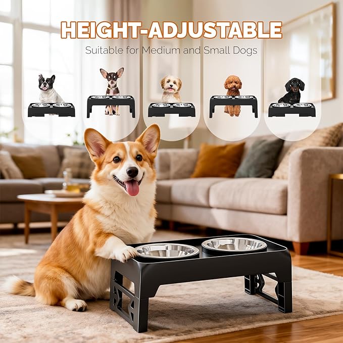 Elevated Dog Bowls for Small Medium Dogs - Adjustable Mess Proof Raised Dog Bowl Stand with 2 Premium 17oz Stainless Steel Food Bowl Dish Feeder Adjusts to 2.6’’- 5.3’’ Non-Slip Black