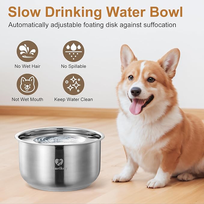 Dog Water Bowl No Spill, 4.5L/152oz Slow Drinking Dog Water Bowl, Stainless Steel Pet Water Dispenser with Floating Disk, Spill Proof & Dishwasher Safe