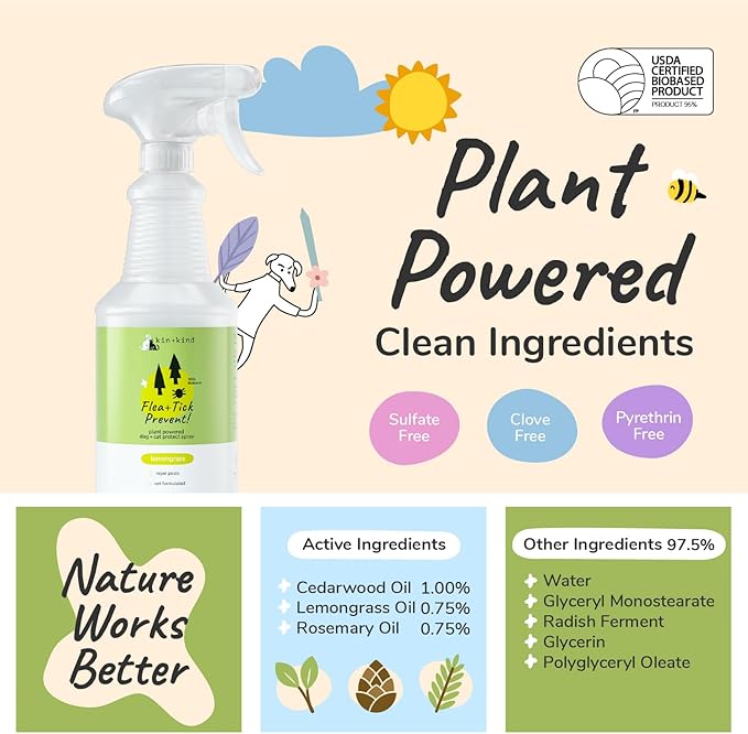 kin+kind Plant Based Flea and Tick Spray for Dogs and Cats – Essential Oil Formula with Lemongrass – Flea and Tick Prevention for Cats, Kittens, Puppies & Dogs - Pet Supplies - Family Safe – 32 fl oz