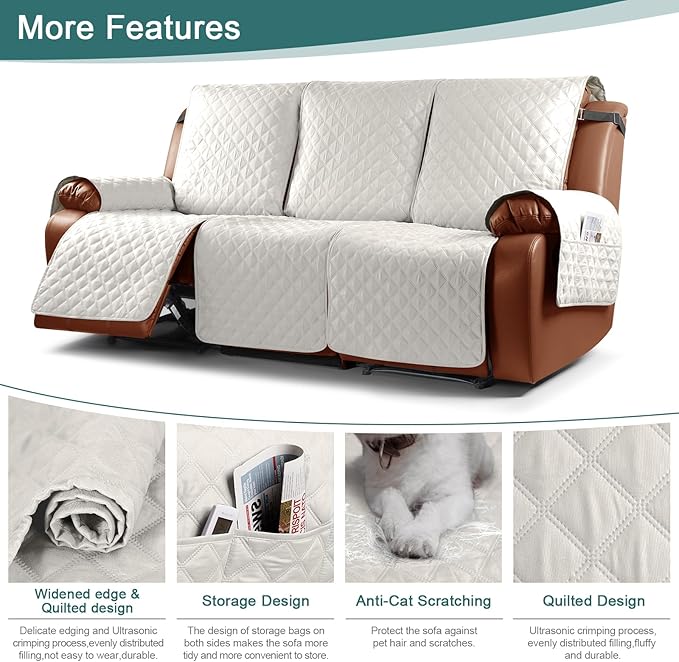 Ruaozz Waterproof Recliner Couch Covers 1-Piece Sofa Covers Washable Recliner Covers Non-Slip Furniture Protector with Elastic Straps Pocket for Kids, Pets(Beige, 3 Seater)