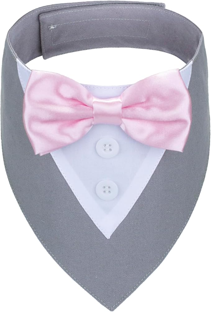 ADOGGYGO Formal Dog Tuxedo Wedding Pet Bandana Collar with Bowtie, Adjustable Birthday Wedding Formal Tux Costumes for Small Dogs Pets (S, Grey)