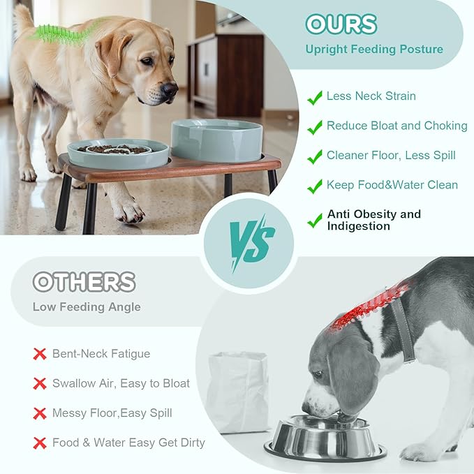 SPUNKYJUNKY Ceramic Elevated Dog Bowls with Slow Feeder Raised Acacia Bamboo Wooden Stand, 8.3'' Dog Food Water Bowls Set Non-Slip for Medium Large Sized Breed Microwave Dishwasher Safe - Light Green