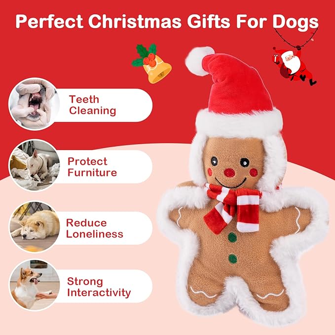 13.4'' Christmas Squeaker Dog Toys Stuffed Gingerbread Man Dog Plush Chew Toys Holiday Stocking for Small, Medium, Large Dogs Breed