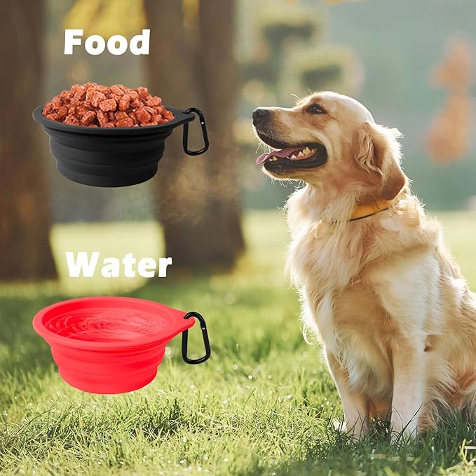 PetBonus 2-Pack Silicone Collapsible Dog Bowls, BPA Free Dishwasher Safe, Portable Foldable Expandable Travel Bowl, Food Water Feeding Cup Dish for Dogs Cats with 2 Carabiners (Black, Red)