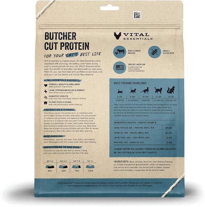 Vital Essentials Freeze Dried Raw Cat Food, Beef & Chicken Mini Patties Entree, 15 oz