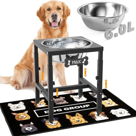 1.6 Gallon Elevated Dog Water Bowl for Large Dogs, 4-Height Adjustable (13–18'') Raised Stainless Steel Bowl with Spill-Proof Mat & Sturdy Metal Stand, Easy-Clean Feeder for Indoor/Outdoor Use