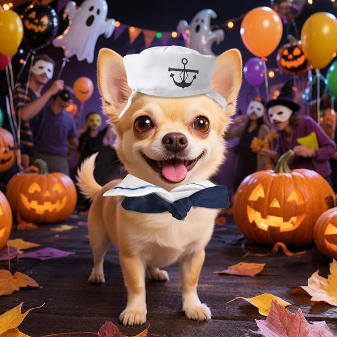 PETLESO Cat Costume Cat Sailor Hat Small Dog Outfit Pet Halloween Costumes for Kitten,Puppy