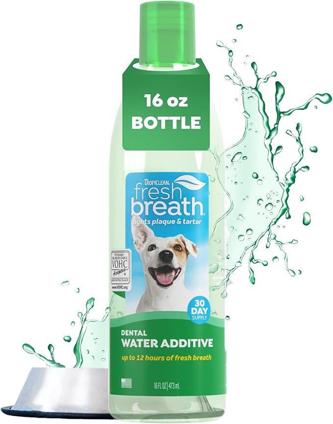 TropiClean Fresh Breath Water Additive for Dogs, Dog Breath Freshener and Teeth Cleaning Solution, No Toothpaste or Toothbrush Required, 16oz.