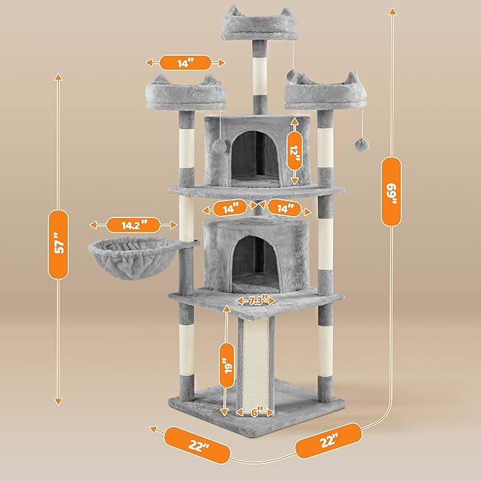 Yaheetech 68.5in Cat Tree for Large Cats, Multi-Level Cat Tower with 3 Wide Perches, Large Condo, Stable Pet Play House w/Sisal-Covered Scratching Posts & Board, Light Gray