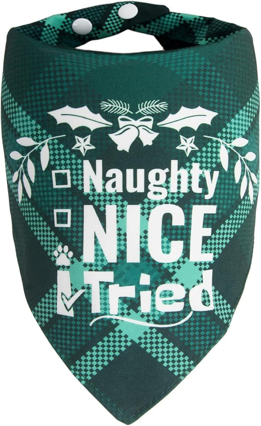 Christmas Dog Bandanas Pets Funny Holiday Costume Gift Xmas Stocking Stuffers - Naughty Nice I Tried, Green Plaid, Medium & Large Breed, 25-75lbs