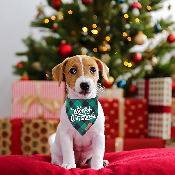 ADOGGYGO Christmas Dog Bandanas, Classic Red Green Plaid Xmas Scarf Triangle Bib, Multiple Sizes Offered, Merry Bandanas for Small Dogs (Small)