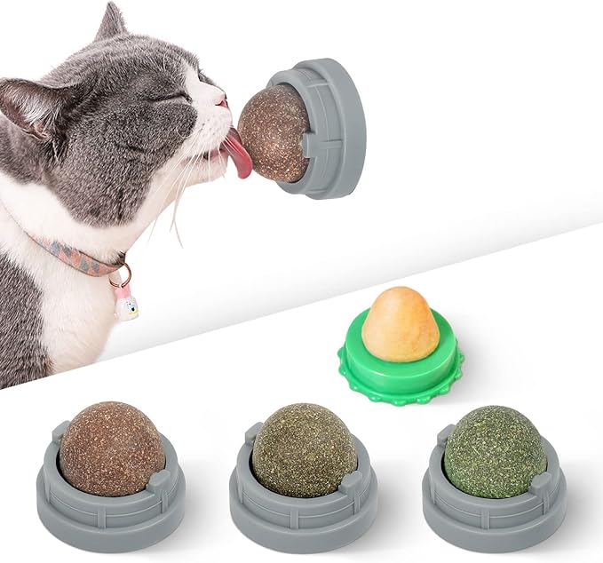Potaroma 4 Pcs Catnip Ball Toys, 3 Silvervine Catnip Toys and 1 Cat Energy Ball for Lick, Edible Catmint Chew Toys, Kitten Teeth Cleaning Treat, More Concentrated Flavor for All Breeds