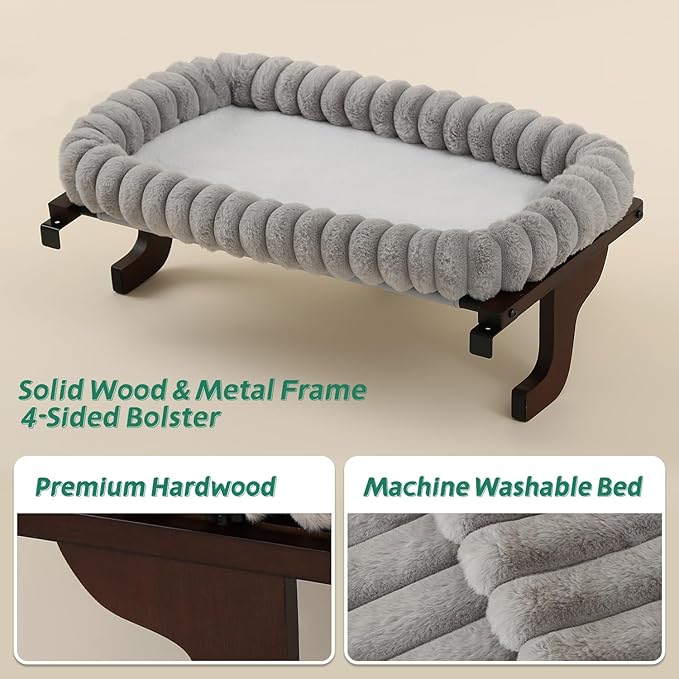 Zakkart SnugCloud Cat Window Perch with 4-Sided Bolster - Orthopedic Cat Hammock for Window Sill - Solid Hardwood & Metal Frame - Window Seat for Pets (Dark Stained Wood w/Gray Bed, Medium)