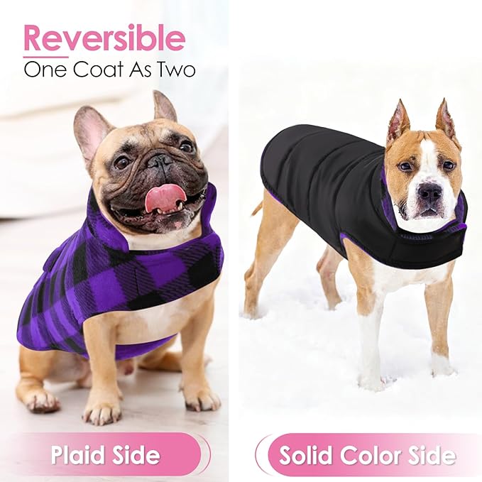 AOFITEE Dog Coat Plaid Dog Winter Coat for Small Dogs, Warm Dogs Jacket Christmas Sweater, Waterproof Pet Puffer Jacket, Reversible Pet Cold Weather Coats for Small Medium Large Pets, Purple L