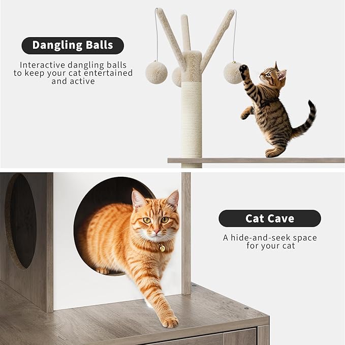 Litter Box Enclosure with Cat Tree Tower and Condo, Hidden Cat Washroom Furniture with Sisal Scratching Post & Soft Plush Perch, Wooden Cat Furniture with Multiple Platforms,Griege