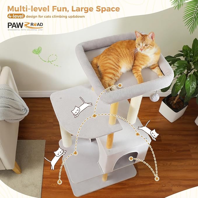 PAWZ Road Large Cat Tree, 53 Inches Modern Wooden Cat Tower for Indoor Cats, Multi-Level Cat Condos with Long Scratching Posts and Natural Wood Posts，Gray