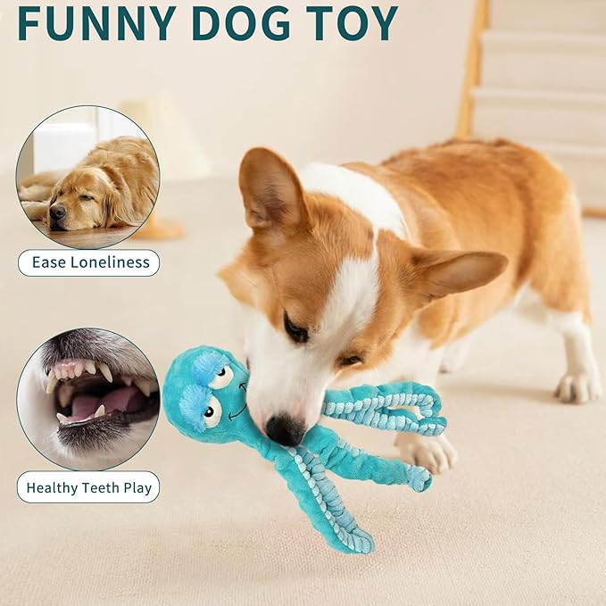 Squeaky Dog Toys - Interactive Plush Toys for Medium Dogs- Blue Octopus Toys for Tug of War
