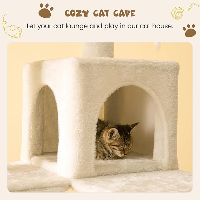 MWPO 63.8 inches Multi-Level Cat Tree for Large Cats with Sisal-Covered Scratching Posts, Padded Platform, Hammock and Condo,Stable Cat Tower Cat Condo Pet Play House-Beige