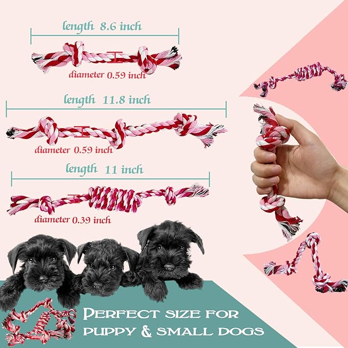 Puppy 3 Pack Cotton Knot Rope Toys for Small Dogs & Puppies, Durable Teething & Tug of War Chew Toy, Safe Interactive Toy for 2-8 Months Pets and High Active Puppy (Pink, Small)
