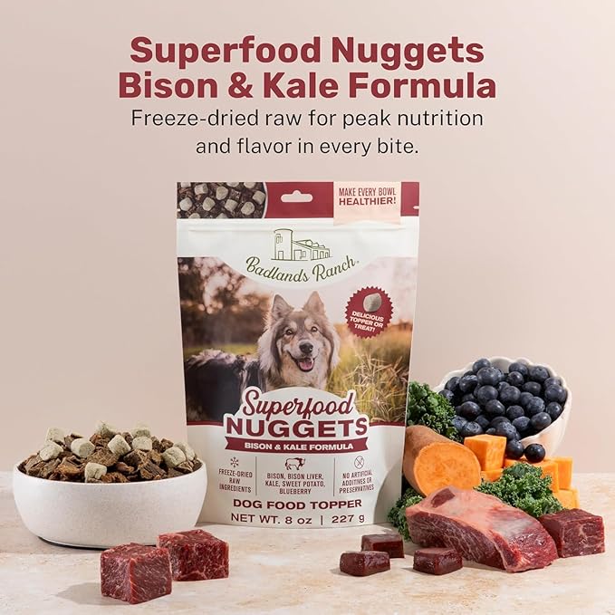 BADLANDS RANCH Superfood Nuggets – Freeze-Dried Raw Dog Treat & Food Topper, Nutrient-Dense Bison & Kale Formula, High Protein, No Artificial Additives, 8oz Bag