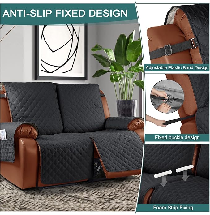Ruaozz Waterproof Recliner Sofa Cover 1-Piece Couch Covers for Reclining Couches Reclining Sofa Cover Washable Furniture Protector with Elastic Straps Pocket for Kids, Pets (Black, XL 2 Seater)