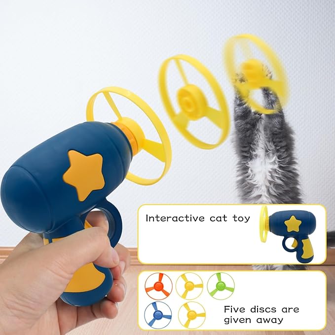 Andiker Cat Fetch Toy, Interactive Kitten Flying Disc Launcher Toy with 5 Colorful Flying Propellers for Cat Enrichment, Flying Saucer Toy for Cats for Training and Chasing (Blue)