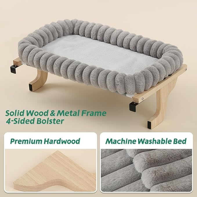 Zakkart SnugCloud Cat Window Perch with 4-Sided Bolster - Orthopedic Cat Hammock for Window Sill - Solid Hardwood & Metal Frame - Window Seat for Pets (Natural Color Wood w/Gray Bed, Large)