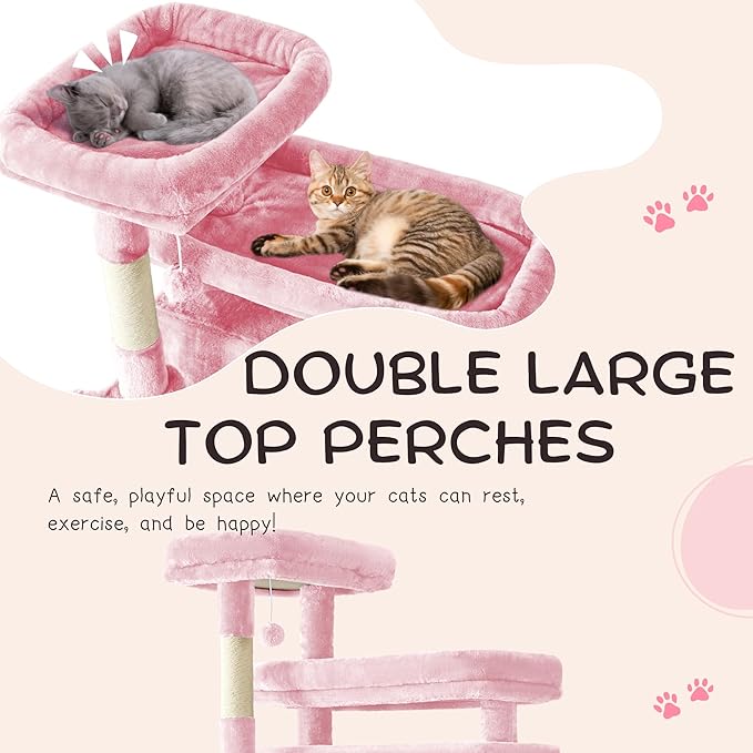 Cat Tree,80-Inch Large Cat Tower with 9 Scratching Posts, 2 Perches, 2 Caves, 2 Basket, 2 Stairs,Extra Large Hammock, Pompoms, Multi-Level Plush Cat Condo for Indoor Cats (Pink)